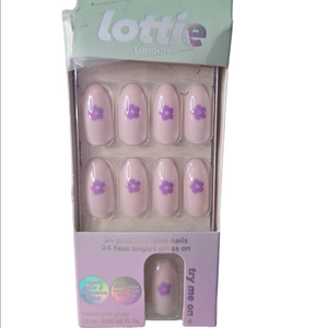 Lottie London Pink Purple Daisy Floral Almond Medium False Nails